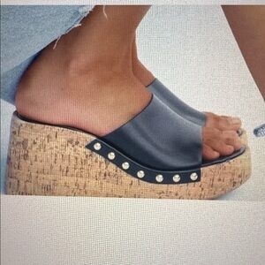 Zara Black and Cork Platform Slides - Size 6
